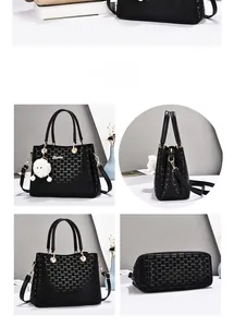 Multiple views of a black tote bag showing professional angles and textured leather detail