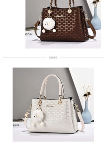 Detail of solid color tote bags in tan and cream with textured patterns and plush charm