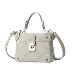 Elegant light gray crossbody bag with FOSIDIRI embossed logo and silver buckle closure