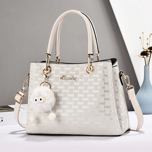 Women Fashion Handbag PU Leather Embossed Monogram Large Capacity Shoulder Crossbody Bag With Fur Ball Charm Elegant