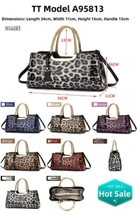 Detailed size specifications for leopard print patent leather tote bag with braided handles