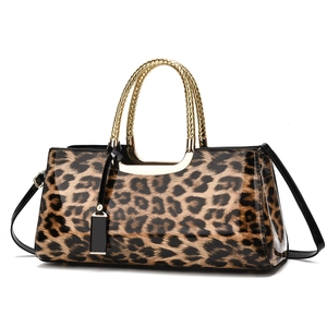 Leopard print tote bag with metallic snake handle and detachable shoulder strap