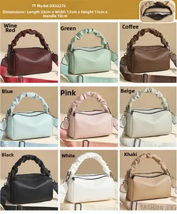 Nine color options of textured crossbody bags with wide straps and pleated handles
