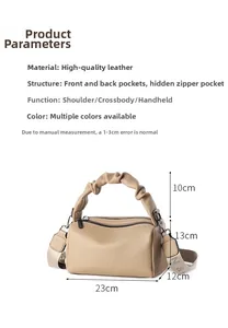 Detail of beige textured leather bag showing inner pockets and zippered compartment