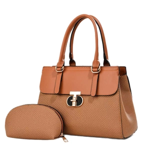 Brown woven fabric tote bag set with leather trim and gold round twist lock