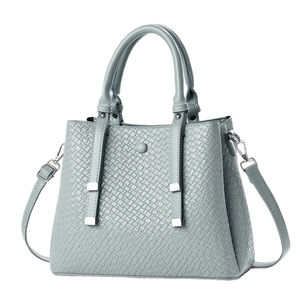 Chic blue-grey tote bag with woven texture and adjustable crossbody strap for women