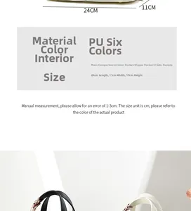 Detail guide of minimalist PU handbag showing dimensions 24x11x19cm and internal structure