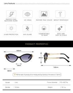 Cat-eye sunglasses with hollow metal temples, 32.1g weight and UV400 protection