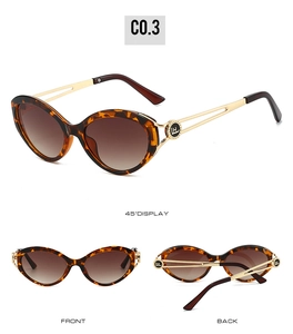 Detailed views of tortoiseshell cat-eye sunglasses with golden hollow metal temples