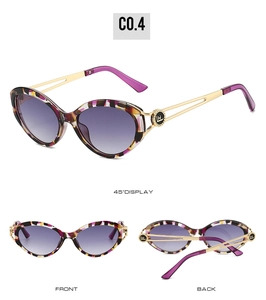 Detailed views of cat-eye sunglasses with purple tortoiseshell frame and hollow metal temples