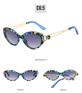 Detailed views of cat-eye sunglasses with tortoiseshell frames and hollow metal temples