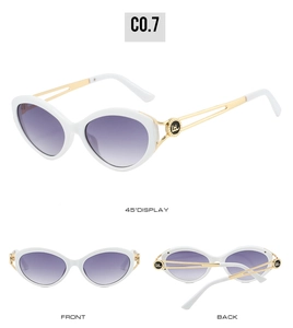 Cat eye sunglasses with white frame, purple gradient lenses and hollow metal temples