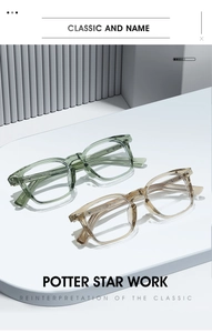 Detail of square blue light glasses in transparent green and champagne with metal rivets