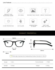 Detailed size chart for TR90 blue light blocking glasses with frame dimensions
