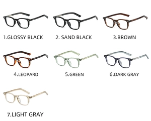 Matrix display of retro square anti-blue light glasses in seven distinct color options