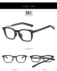 Three-way view of retro black full-rim glasses showing rivet details and TR frames