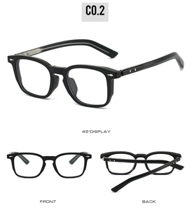 Detailed 3-angle view of black TR frame blue light glasses with silver rivets