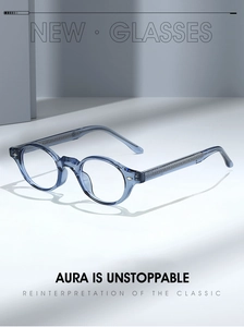 Detail of transparent blue TR90 round glasses with textured metal core in the temples