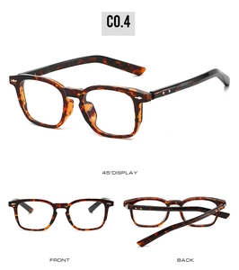 Detail view of tortoiseshell square glasses frame with silver rivets from multiple angles