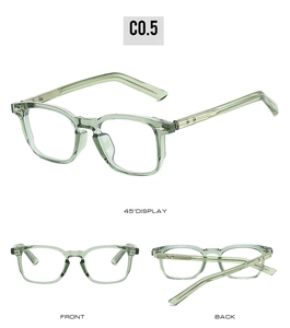 Detailed multi-angle view of transparent green TR90 glasses frames with rice nail accents