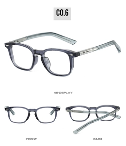 Multi-angle views of transparent grey square TR90 glasses frames for men and women