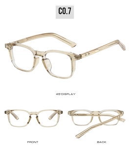 Detail view of transparent champagne TR frames showing front, side, and back angles