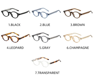 Matrix display of vintage round TR90 glasses frames in seven distinct color options