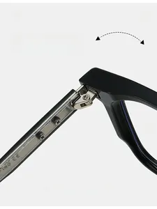 Macro detail of durable texture hinge and CE certification on black TR glasses frame