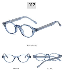 Detailed views of TR90 blue-grey transparent round frames with textured metal core temples