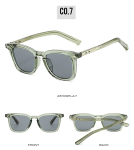 Detailansichten der hellgrünen eckigen Sonnenbrille mit Metallscharnieren und grauen Gläsern