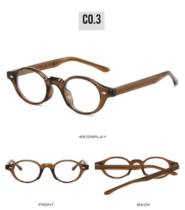 Three-angle view of vintage TR90 round glasses frames in transparent tea brown finish