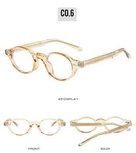 Detail view of TR90 round frame glasses with anti-blue light lenses and textured temples