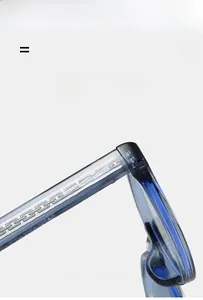 Macro detail of translucent blue TR90 frame showing embedded silver chain metal temples