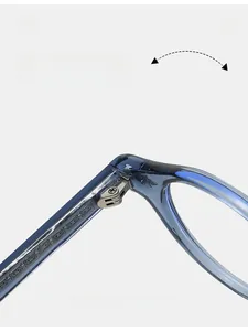 Detail view of durable metal hinge on transparent blue TR90 anti-blue light glasses