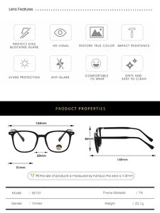 Detailed size chart of TR frame photochromic sunglasses with UV400 protection and weight info