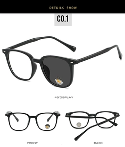 Detailed views of retro photochromic sunglasses with black full-rim square frames