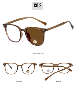 Three perspectives of brown photochromic sunglasses with 45-degree, front, and back views