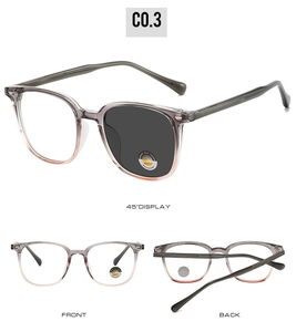 Three-angle detail of retro photochromic sunglasses with grey-pink gradient square frames