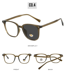 Detailed views of photochromic transition lenses in vintage translucent brown frames
