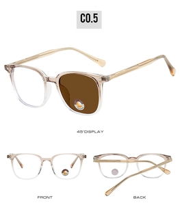 Detail view of photochromic sunglasses with champagne frames in front and back angles