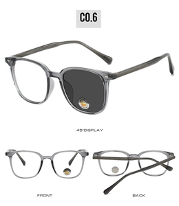 Detailed views of grey translucent rectangular photochromic glasses and metal hinges