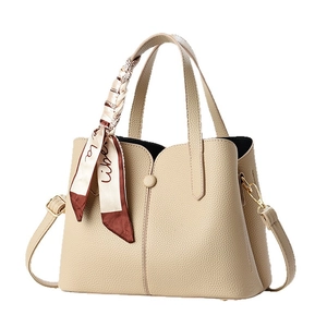 Chic multi-layer crossbody bag in beige lychee leather with decorative silk scarf