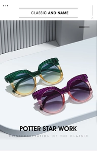 Detail view of cat-eye sunglasses with geometric textured frames and gradient lenses