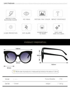 Detailed size chart for rhinestone sunglasses with PC frame measurements and UV400 features