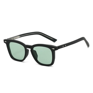 Modische schwarze quadratische Sonnenbrille mit hellgrünen Gläsern und Silbernieten