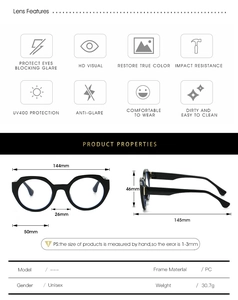 Detailed size chart for black round oversized sunglasses with PC frame measurements