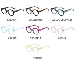 Detailed grid view of seven colorful vintage round sunglasses frames in diverse patterns