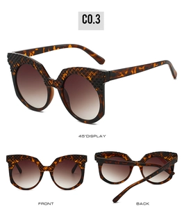 Detailed views of tortoiseshell sunglasses featuring black lattice engraving and gradient lenses