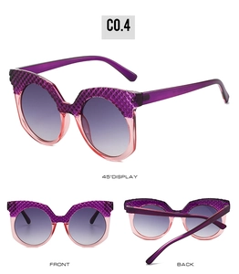 Three-view layout of gradient purple sunglasses with diamond-cut textured frame