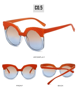 Three-angle views of orange plaid textured sunglasses with blue-brown gradient lenses